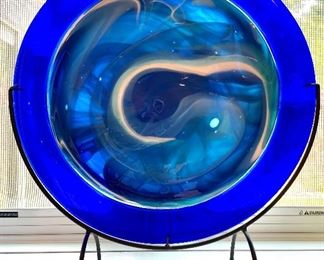 $40.00, decorative art glass plate with cobalt, blue wave pattern, comes with stand, 17” diameter, 19” high in stand