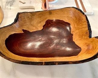 $24.00, two-tone carved wooden bowl with live edge, approx 16” wide