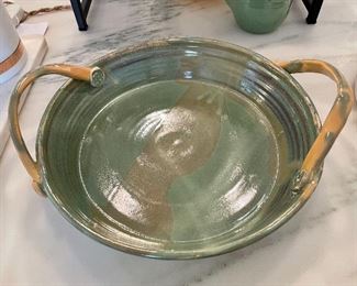 $24.00, artisan crafted pottery bowl with handles, approx 12” diamert