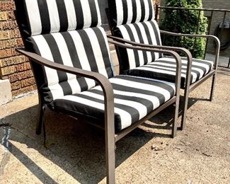 $80, pair of outdoor chairs with black and white cushions, light weight, yet sturdy