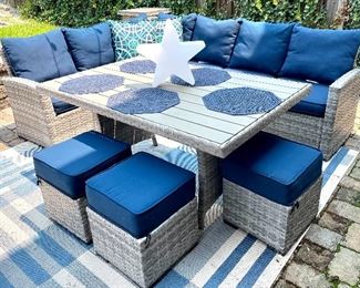 $650, 6-piece patio set with cushions and pillows, excellent condition and comfortable! Wicker all in tact. 2 piece sectional, table, 3 stools.