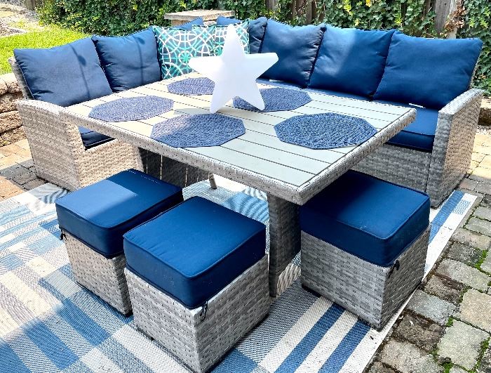 $650, 6-piece patio set with cushions and pillows, excellent condition and comfortable! Wicker all in tact. 2 piece sectional, table, 3 stools. 