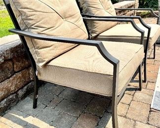 $120, set of two outdoor chairs with khaki cushions, lightweight and sturdy, cushions in great condition