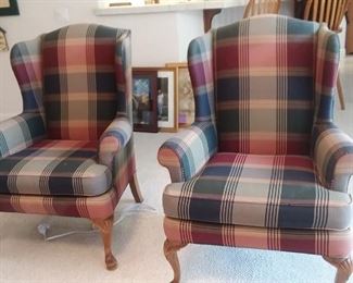 pair of plaid wing back chairs 