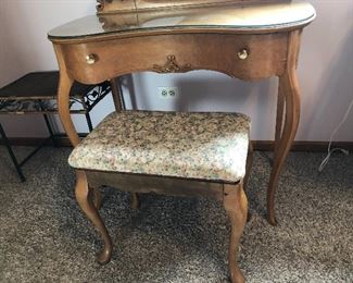 Antique dressing table and stool 34"wide x 18"deep  table measures 30" high and mirror measures 38" high  
