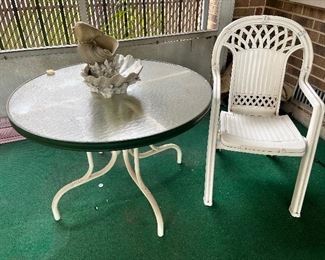 Glass patio table and 3 patio chairs (one not photographed)