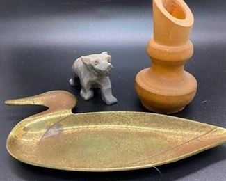 Brass Duck Change Holder Stone Bear Figurine and Wood Bud Vase