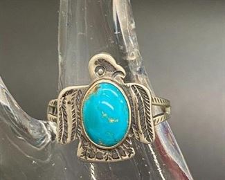 Southwestern Old Pawn Silvertone Turquoise Bird Ring