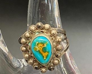 Southwestern Silvertone Old Pawn Turquoise Ring