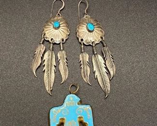 Sterling Silver Turquoise Southwestern Medallion Feather Earrings Ceramic Bird Pendant