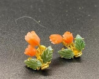 Goldtone Coral Jade Floral Earrings