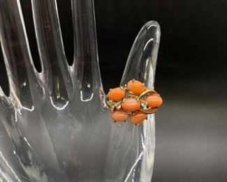 Vintage Goldtone and Coral Cabochon Cluster Ring