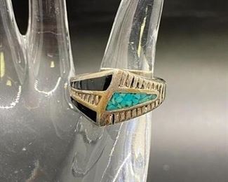 Vintage Southwestern Style Silvertone Turquoise Black Enamel Ring