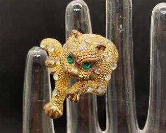 Vintage Goldtone Leopard Cheetah Cat Ring Rhinestone Sizeable