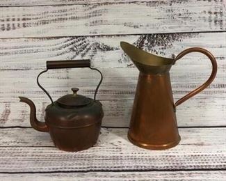 Copper Metal tea pot and jug pitcher pair