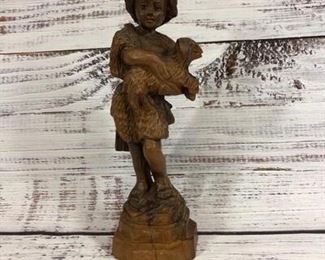 Boy and lamb wood carved figurine