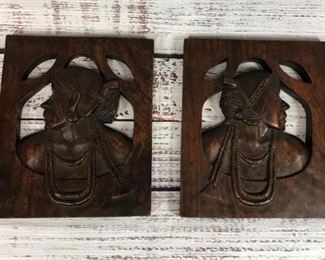 Man and woman Native Indian heads carved wood busts pair
