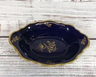 German blue and gold Floral dish Scalloped Oval Bowl Unterweissbach Kobalt