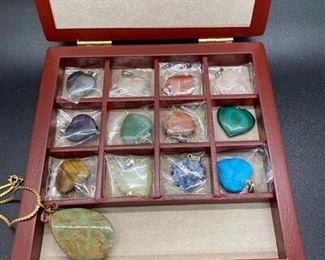 Polished Stone Heart Pendant Collection with Case