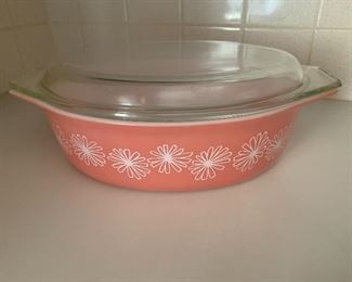 Vintage pink Pyrex covered casserole