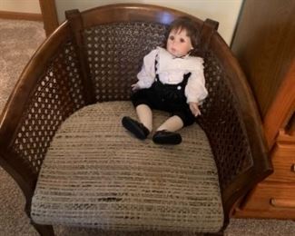 Set of two cane back occasional chairs, porcelain doll