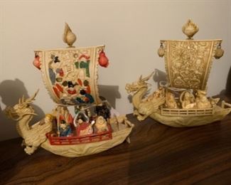 7 inch vintage Japanese celluloid dragon sailboat and colored celluloid dragon sailboat seven lucky God figure