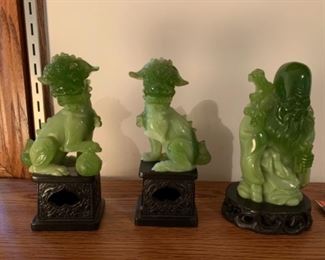 Antique Chinese hard plastic faux jade dragon and Buddha on wood base. Dragon in the middle, has broken leg