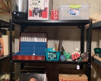 percolators, silverware chest, punch bowl, record albums, assortment of metal shelves