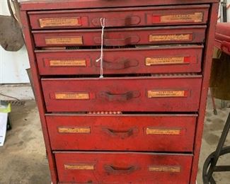 Red metal box with drawers