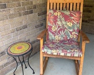 Nice wood rocker and round mosaic iron table