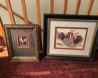 Nice assortment of framed artwork including these fun rooster pictures