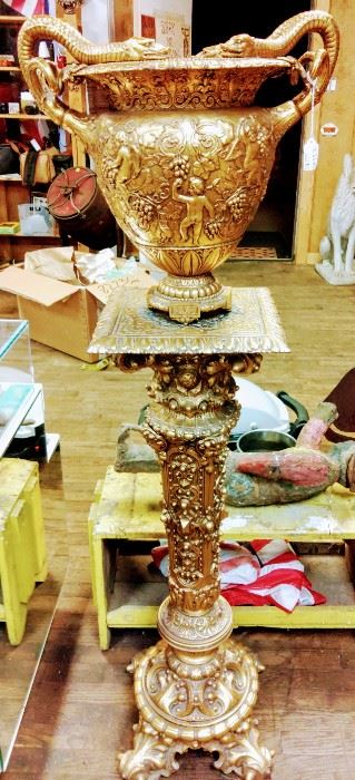 Antique Brass and Pewter Gilded in Gold Gothic Pedestal Base and Urn, From Old St.Marys Catholic Church of Detroit.