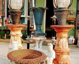 Cast Iron Urn's.
2-Cast Iron Pedestal Base.
Concrete Asian Statues.
2- Commercial Pole Light Lamps Salvaged from Plymouth MI.
