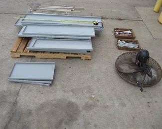 PALLET OF SHELVING MATERIAL AND  30" WALL FAN