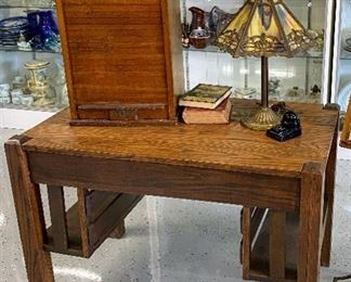 Antique mission partner desk with side bookshelves
