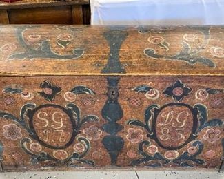 Large Scandinavian immigrant trunk with original paint dated 1783
