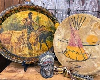 Vintage Native American tray and hide drum
