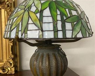 Reproduction of Tiffany Studios bamboo lamp with solid bronze hand sculpted base. One of the nicest Tiffany reproductions we've seen.
