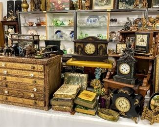 Selection of Victorian photo albums, mantel clocks, shelf clocks
