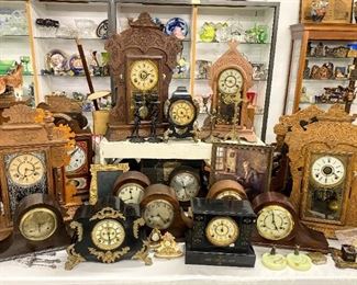 Selection of antique mantel clocks, kitchen clocks and more
