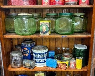 Selection of green depression canisters, tobacco tins
