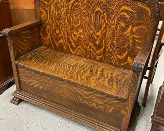 Antique oak entry bench with storage, claw feet
