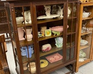 Antique china cabinet, Shawnee, Red Wing and Royal Haeger
