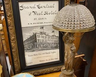 Grand Central and West Hotel St. Cloud antique poster, Figural lamp with crystal shade
