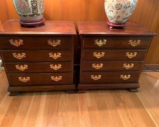 #32	(2) Wood Bedside Tables w/4 drawers & Side Handles 24x14x24   $75 each	 $150.00 	
