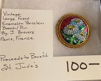 #  ST Jude 1  Vintage Large Fused enamelon porcelain brooch/pin by J. Brevers in Paris France $100