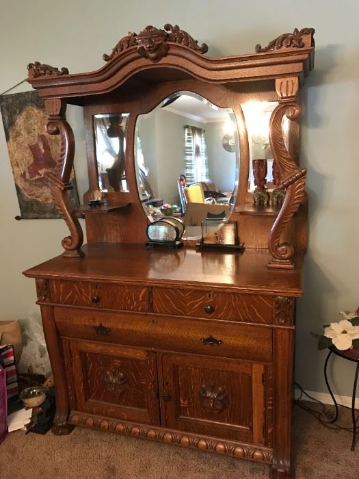 #1	1910-1920 Tiger strip wood China cabinet with original glass mirror beautiful carving and 3 drawers 2 doors 	 $1,400.00 		
