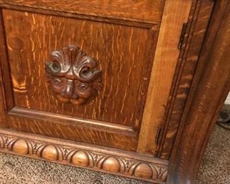 #1	1910-1920 Tiger strip wood China cabinet with original glass mirror beautiful carving and 3 drawers 2 doors 	 $1,400.00 		
