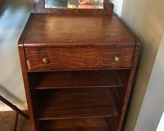#16	Tiger Wood 3 shelf Cabinet (as is) w/mirror on Back (as is holes cut out of back) 18x14x36	 $65.00 		
