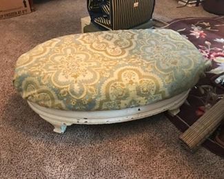 #63	oval stool wood white painted base and light green/blue cover top 29x16x12	 $45.00 		
